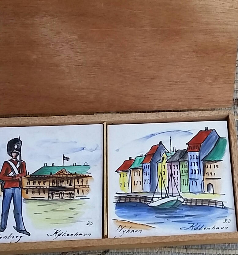 Four Handpainted Tiles From Denmark In Wooden Box