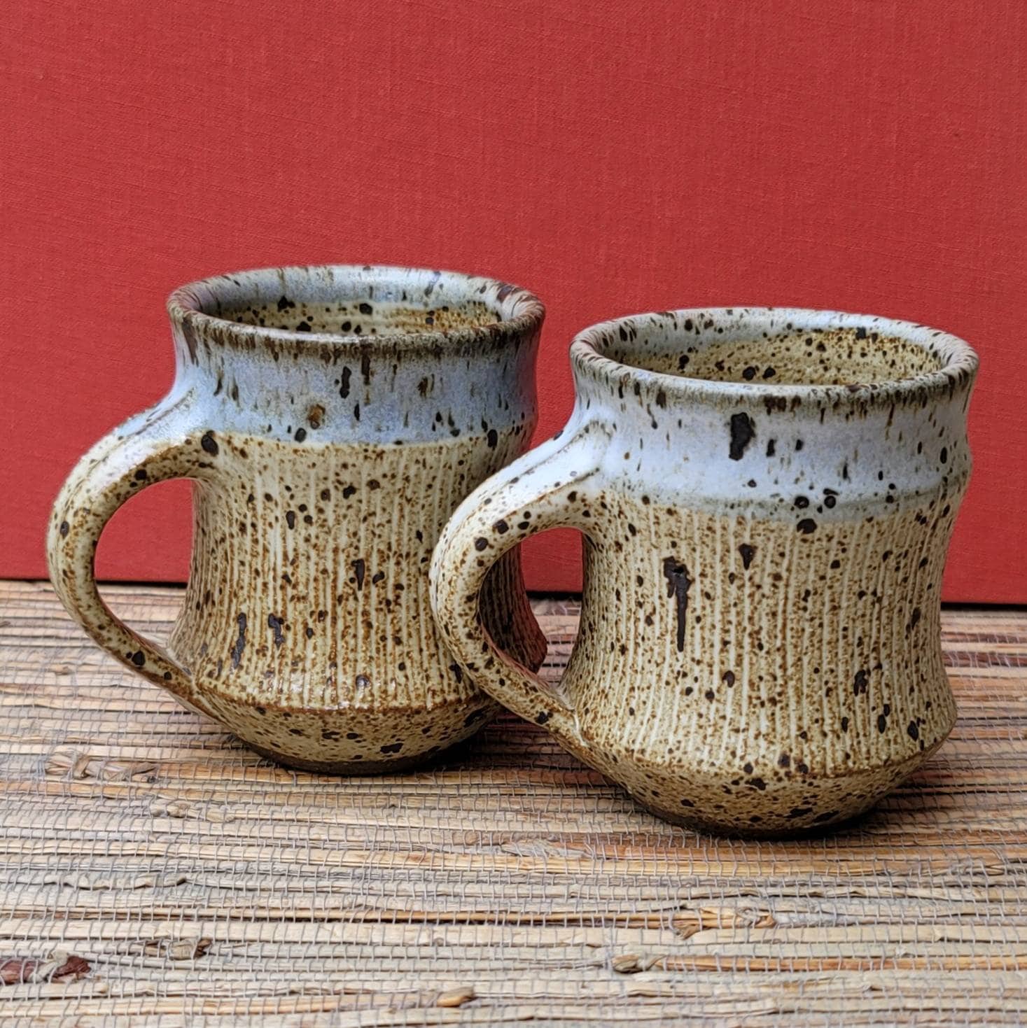 Coffee Mugs Set of Two Handmade Handthrown Pottery Cups Small Tea or Coffee  Cups Beige & Blue/gray 6oz Espresso or Chocolate Mugs 