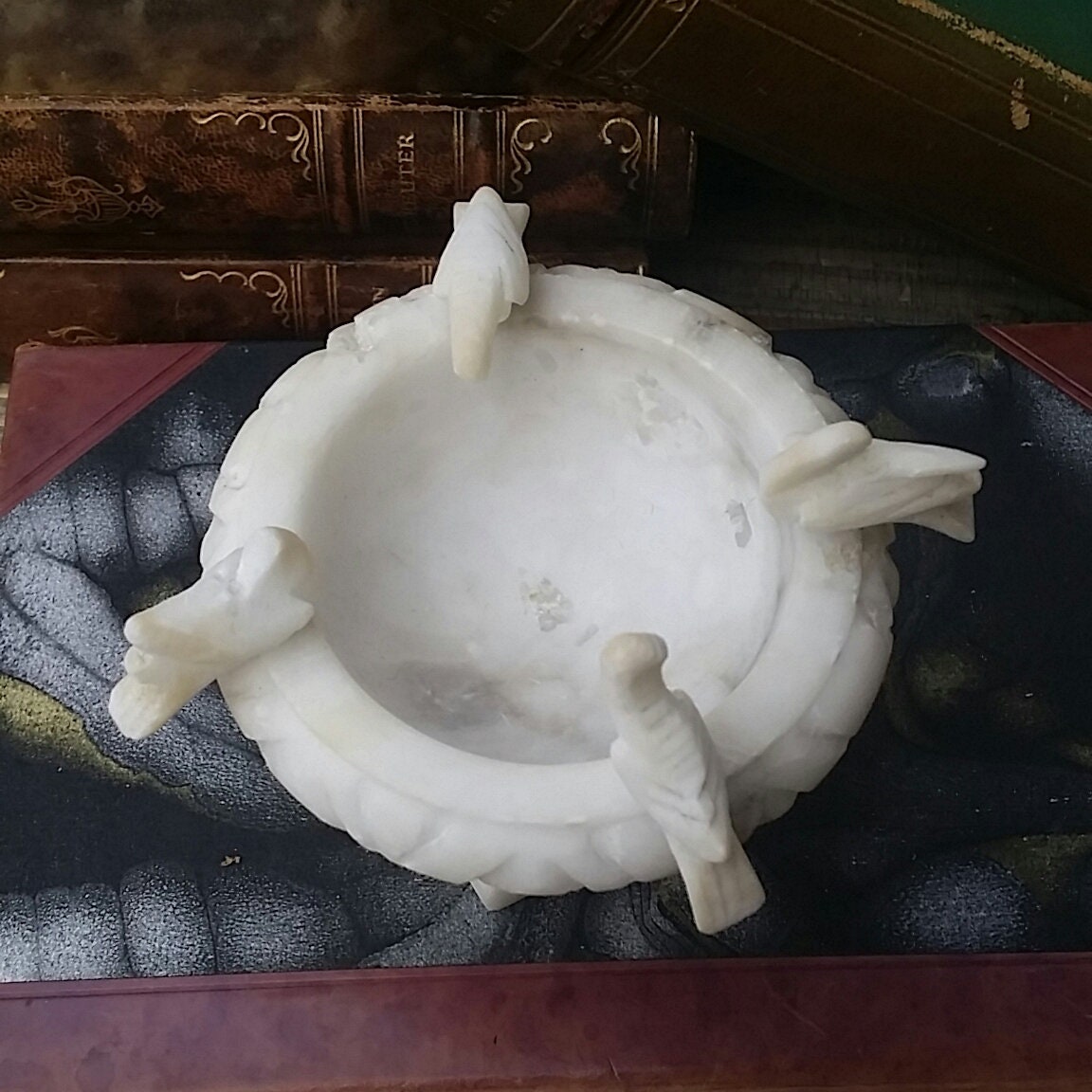 Vintage Alabaster Marble Carved Birdbath With Birds Hand Carving Made