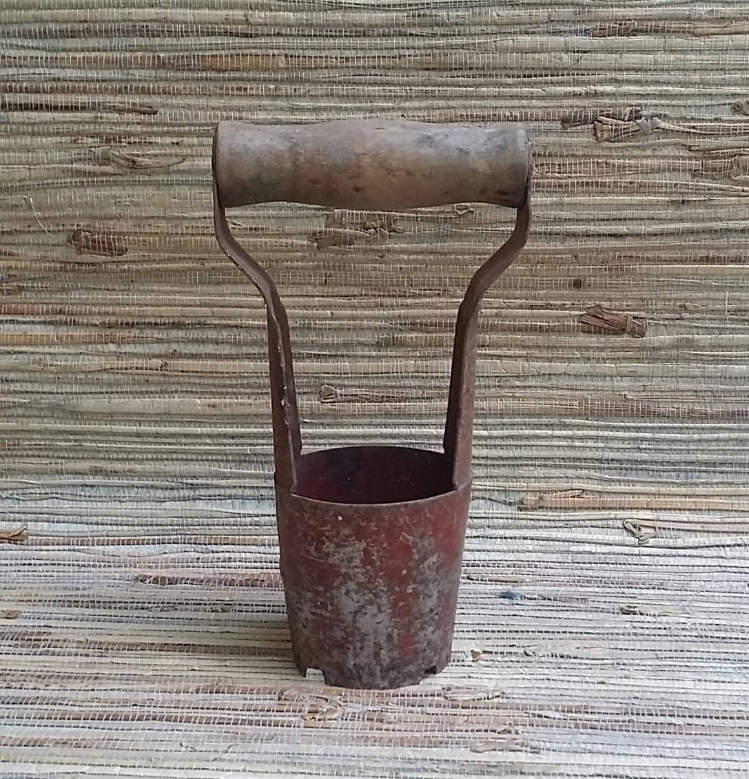 Red Painted Hole Digger for Planting Bulbs Vintage Garden Tool Rustic