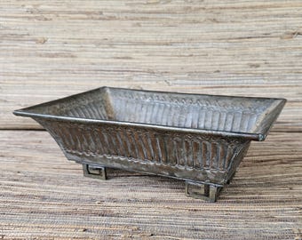 Vintage Tinned Copper Planter, Egyptian Key Pattern Feet