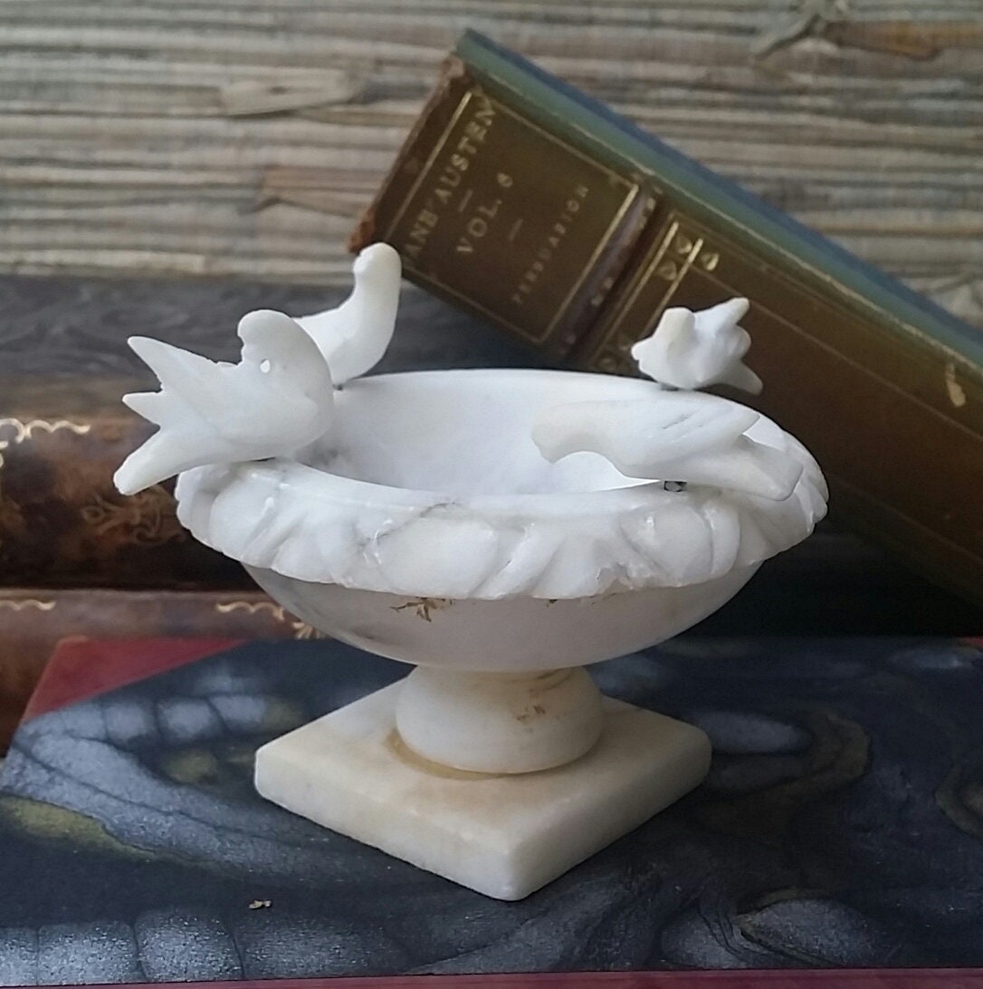 Vintage Alabaster Marble Carved Birdbath With Birds Hand Carving Made