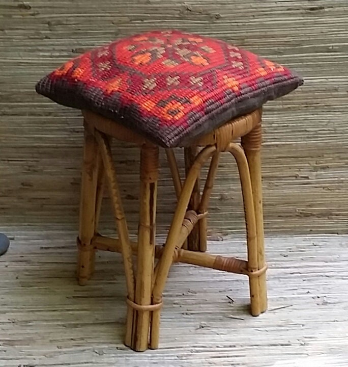 Vintage Bamboo & Rattan Stool Plant Stand