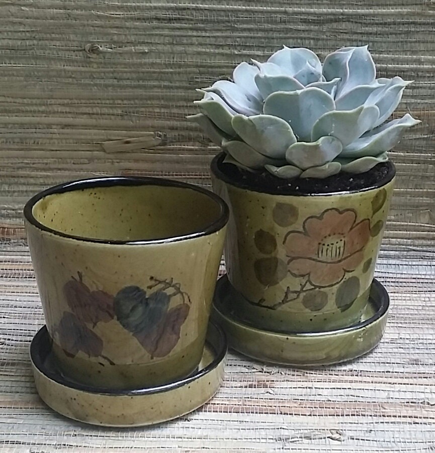 Pair of 1970s Green Pottery Planters Made In Japan Mid Century Style
