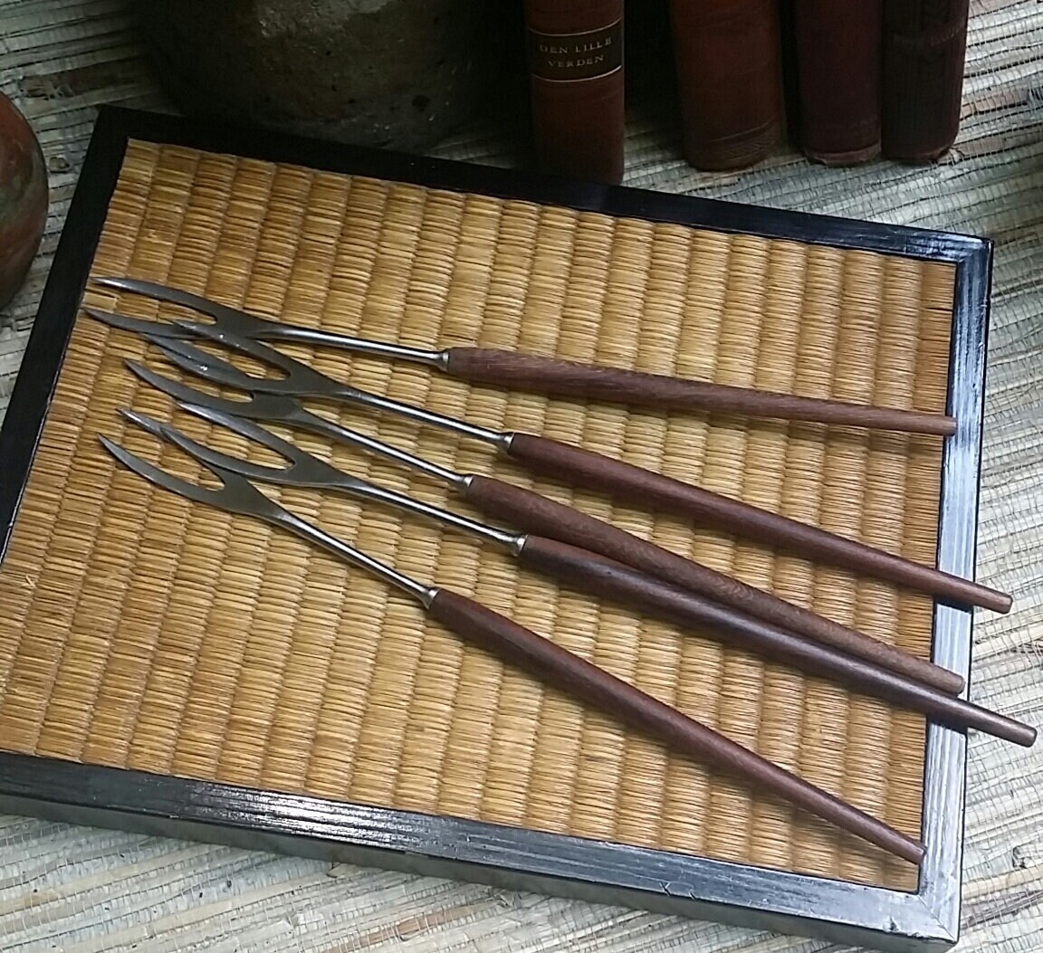 Mid Century Fondue Forks Wooden Handles Stainless Japan