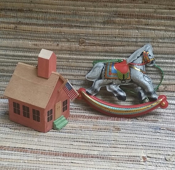 Hallmark Keepsake Christmas Ornaments, Wooden Schoolhouse, Tin Rocking Horse