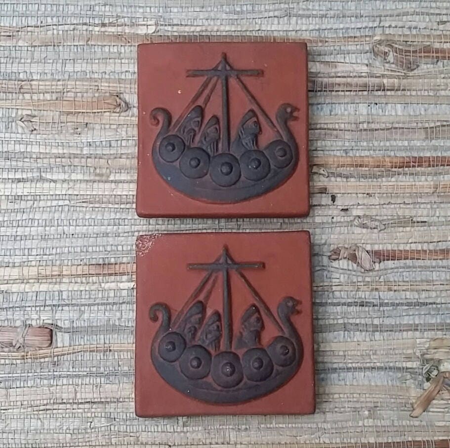 Viking Ship Ceramic Tiles Mid Century Thyssen Keramik Danmark Made