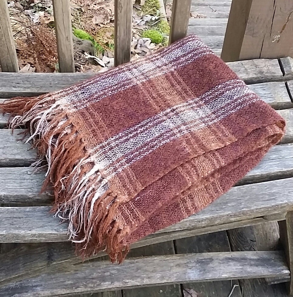Vintage Rusty Brown & Cream Mohair Plaid Throw Made in the Republic of