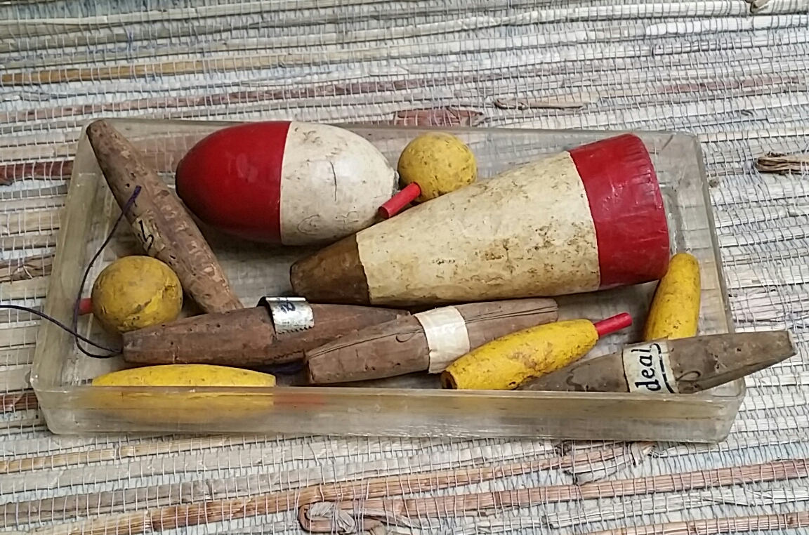 Vintage Fishing Tackle, Leader Box, Floats, Lure, Cork Bobbers