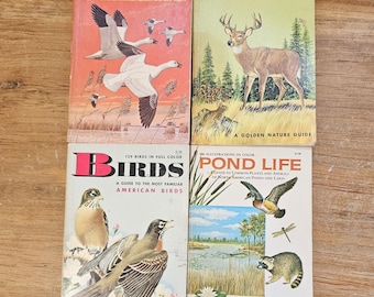 May include: Four vintage Golden Nature Guides. Titles include "Gamebirds", "Mammals", "Birds", and "Pond Life". Each book features colorful illustrations of animals and plants. The books are in good condition, with some wear on the covers.