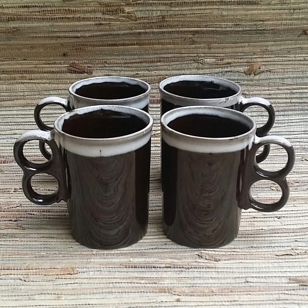 Japanese Ceramic 1970s Coffee Mug Set of 4 Dark Brown & Gray Glaze