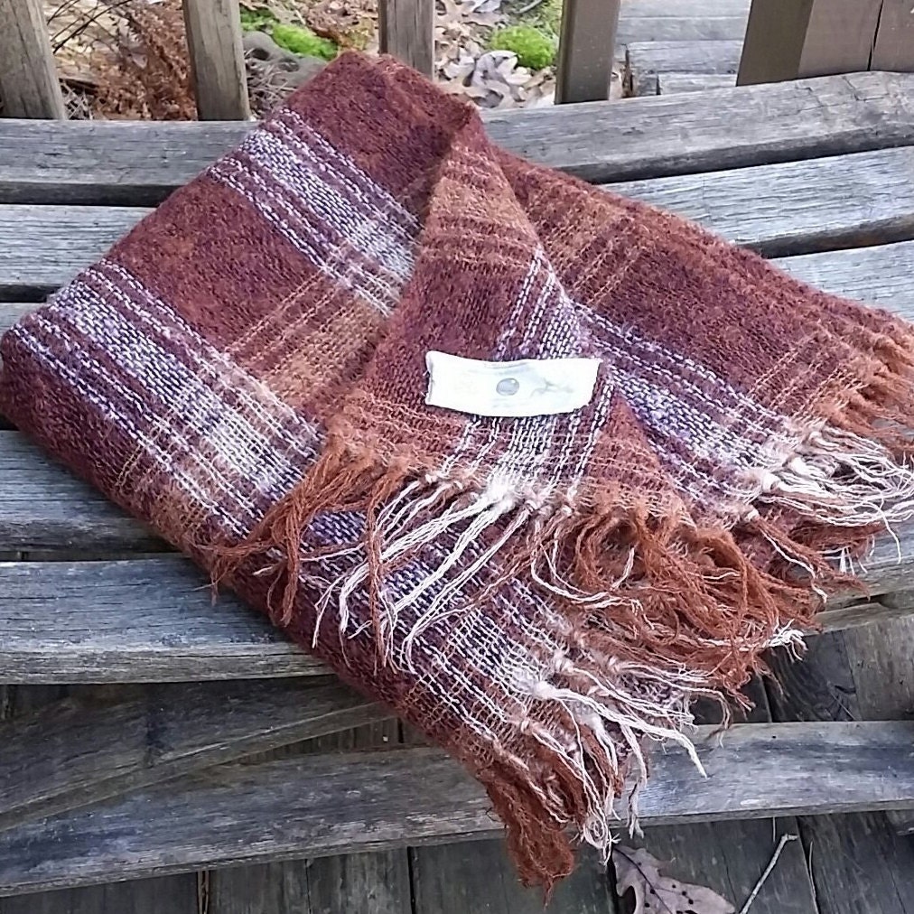 Vintage Rusty Brown & Cream Mohair Plaid Throw Made in the Republic of
