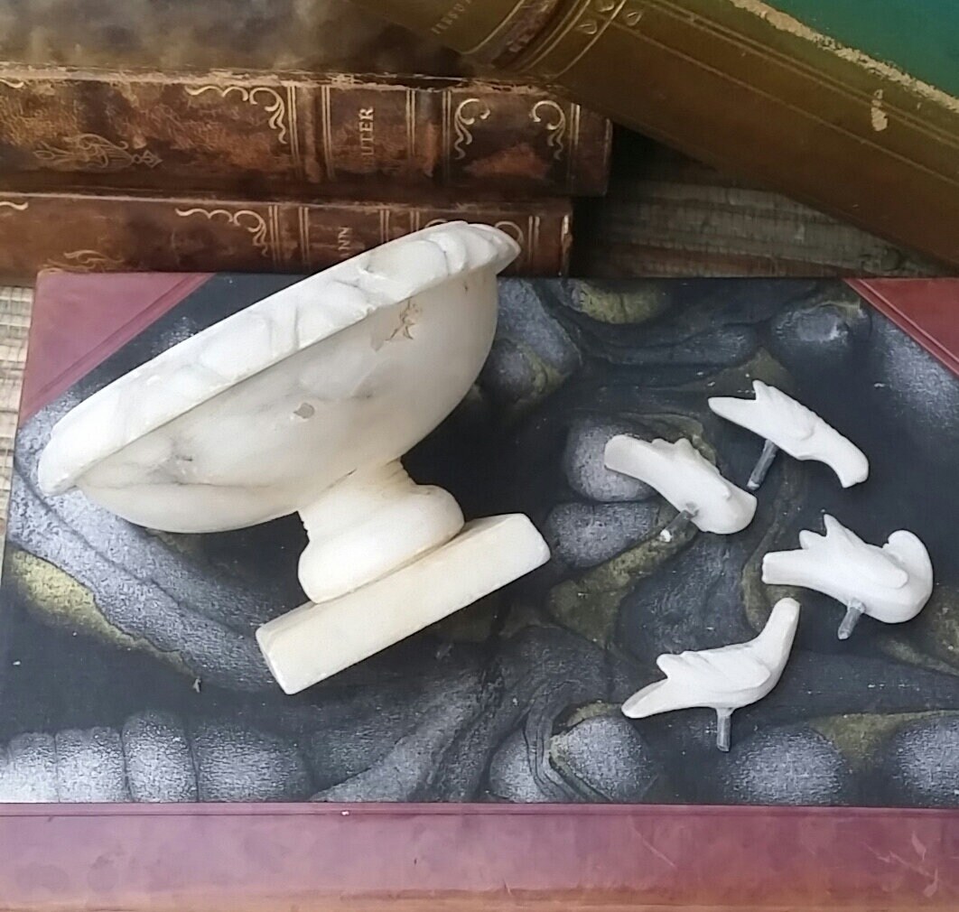 Vintage Alabaster Marble Carved Birdbath With Birds Hand Carving Made