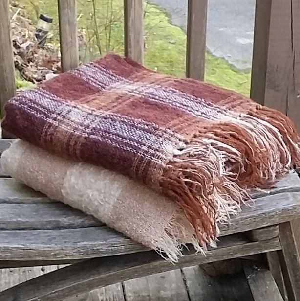 Vintage Rusty Brown & Cream Mohair Plaid Throw Made in the Republic of