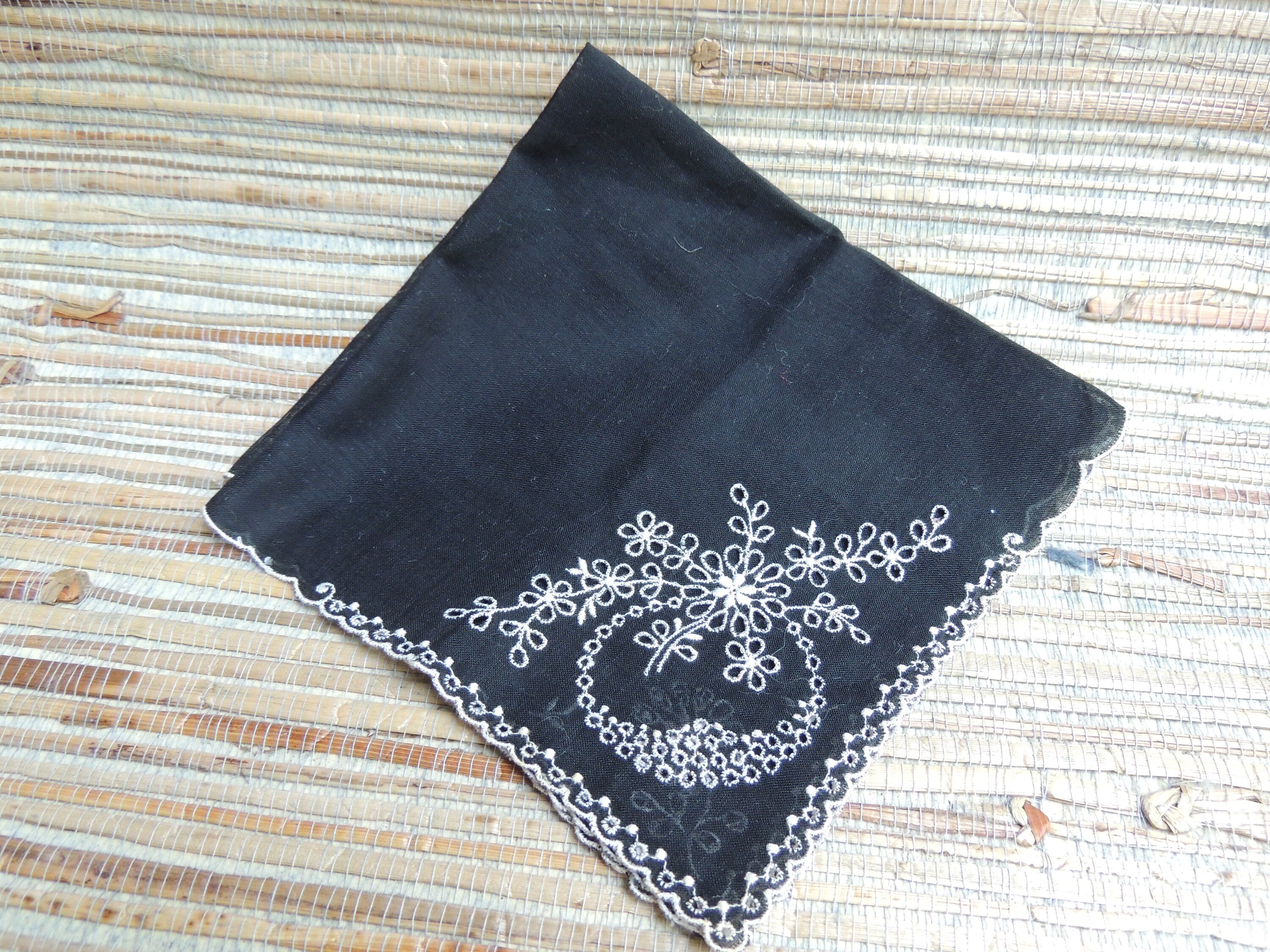 Vintage Black Mourning Handkerchiefs Black With White Hand Stitched
