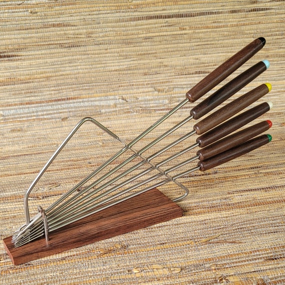 Vintage Set of 6 Fondue Forks With Walnut Handles in the Original Box and Walnut/Stainless Steel Stand Made in Japan