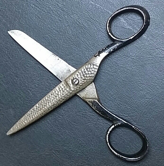 Vintage Sewing Scissor With Hammered Finish and Black Handles USA