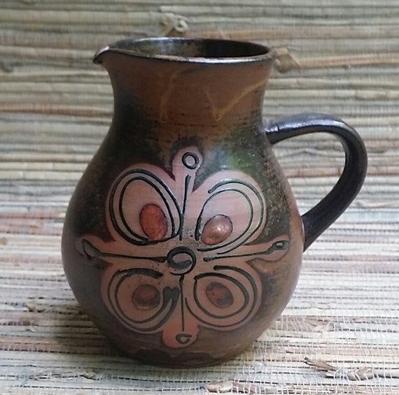 Vintage Boho Style Japanese Pottery 1960s-70s Mid Century Pottery Pitcher Brown Ceramic Hand Made