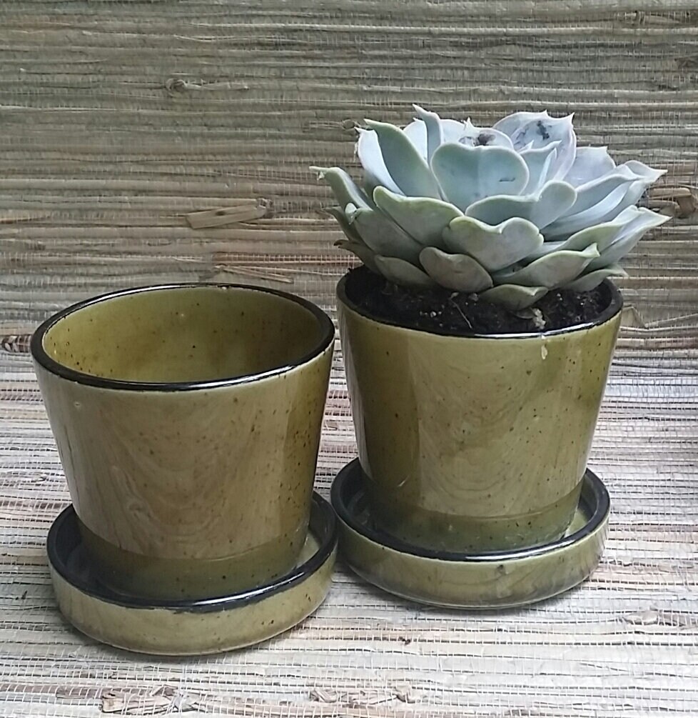 Pair of 1970s Green Pottery Planters Made In Japan Mid Century Style