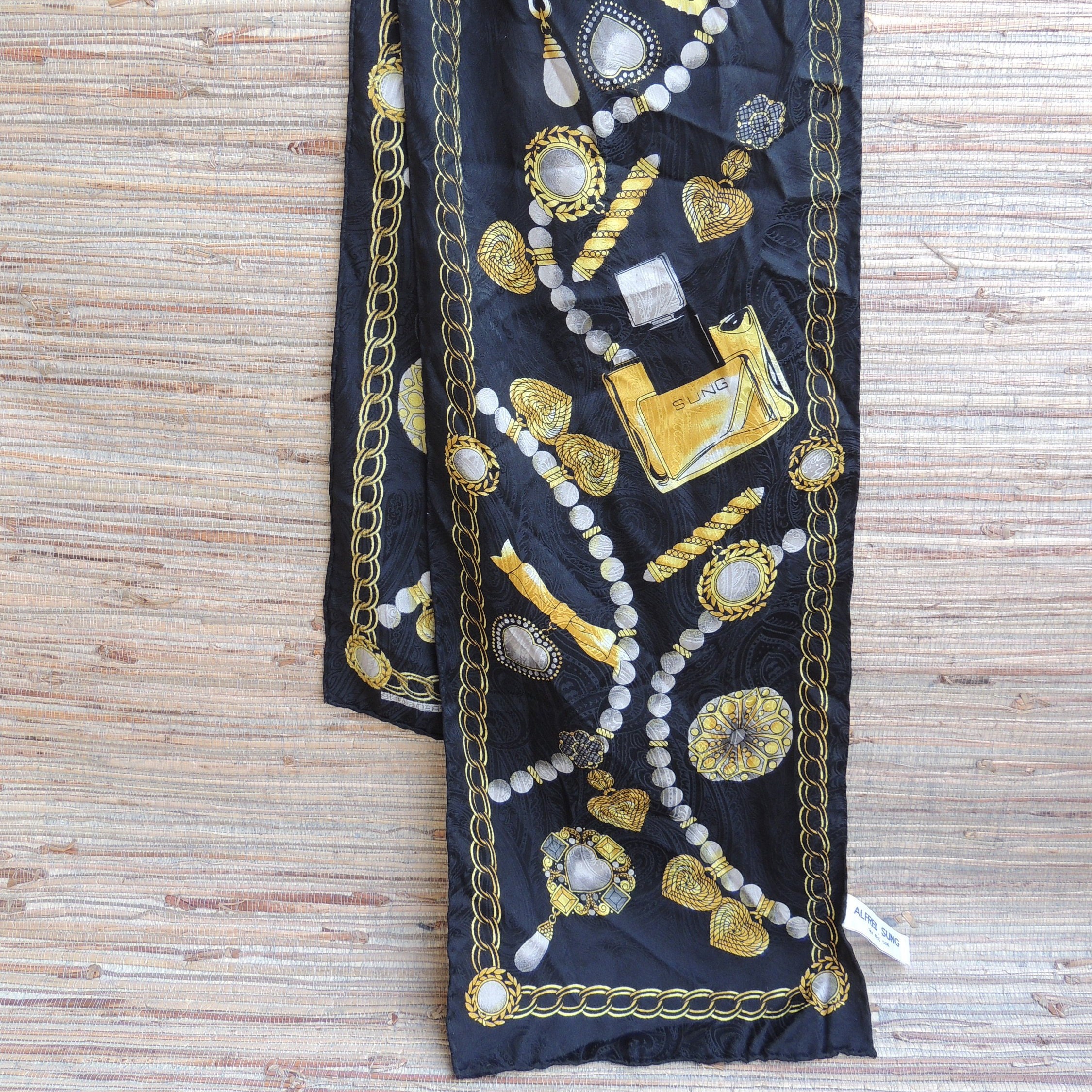 Reserve for Louise Vintage 1990s Alfred Sung Silk Scarf Black With