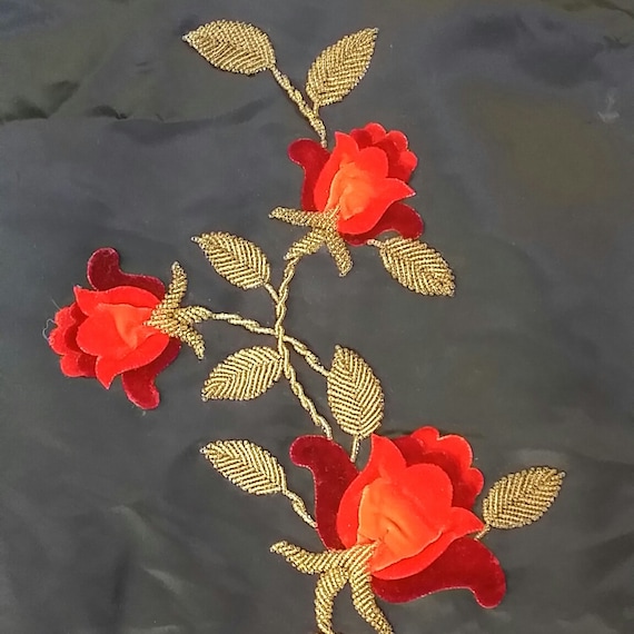 Vintage Black Satin Cloth With Red Velvet Roses and Gold Beaded Leaves Rose Cloth