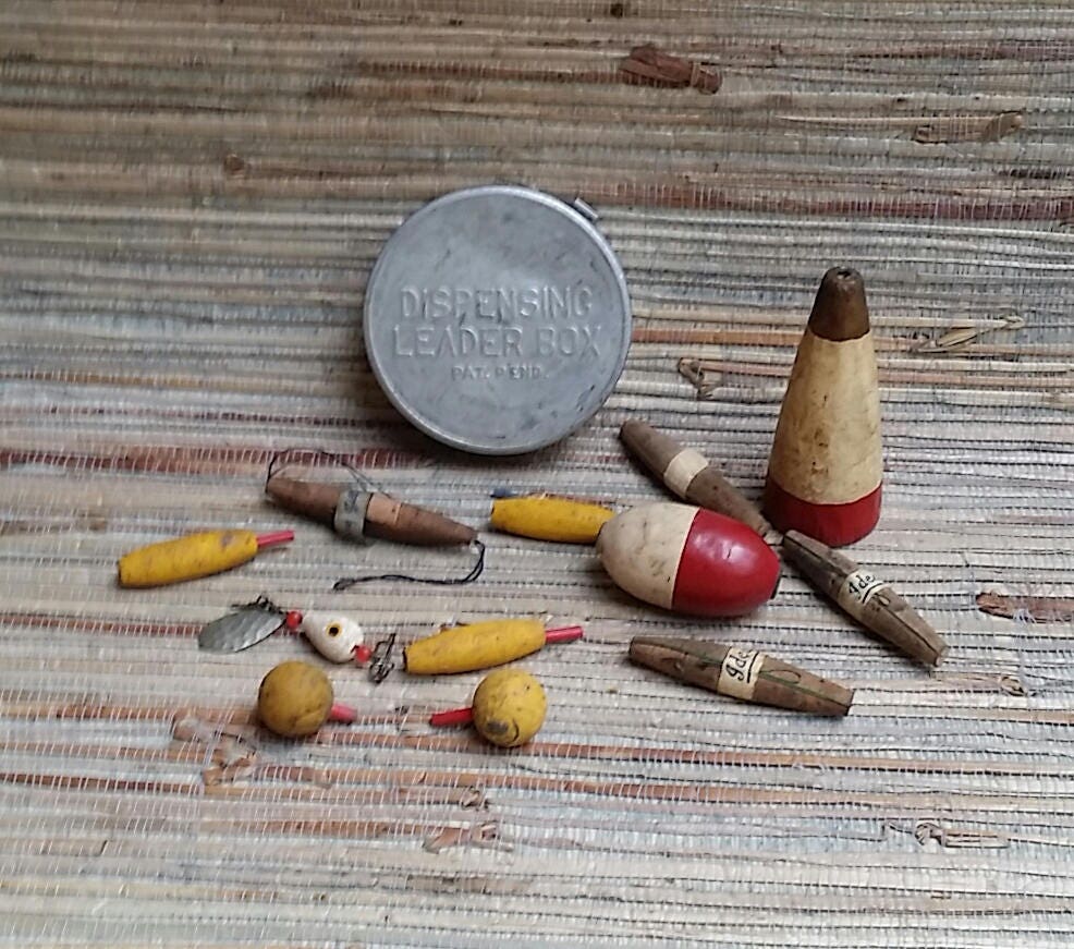 Vintage Fishing Tackle, Leader Box, Floats, Lure, Cork Bobbers