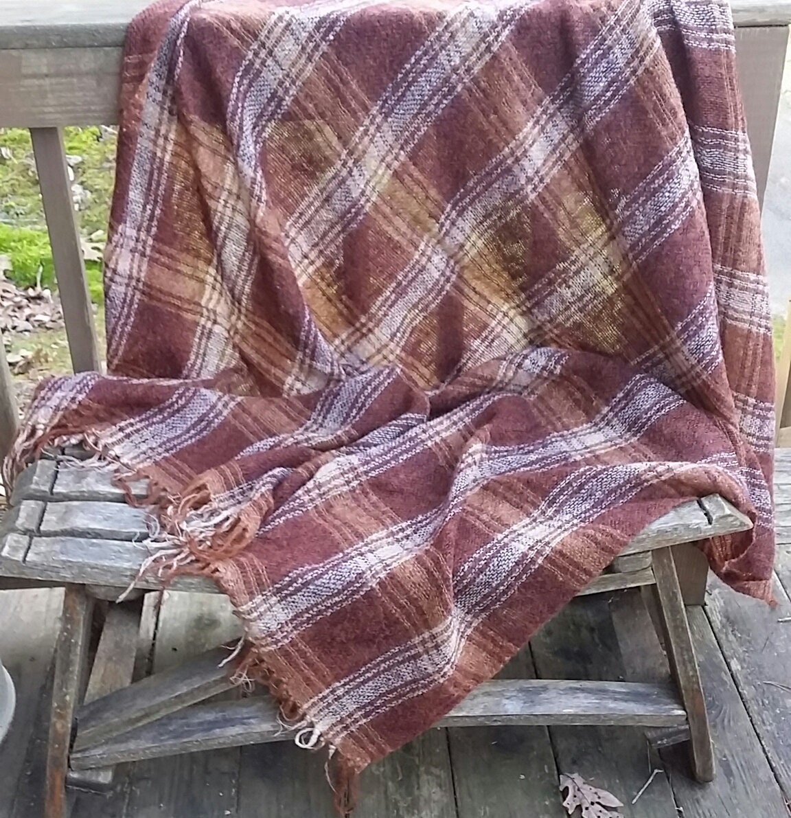 Vintage Rusty Brown & Cream Mohair Plaid Throw Made in the Republic of