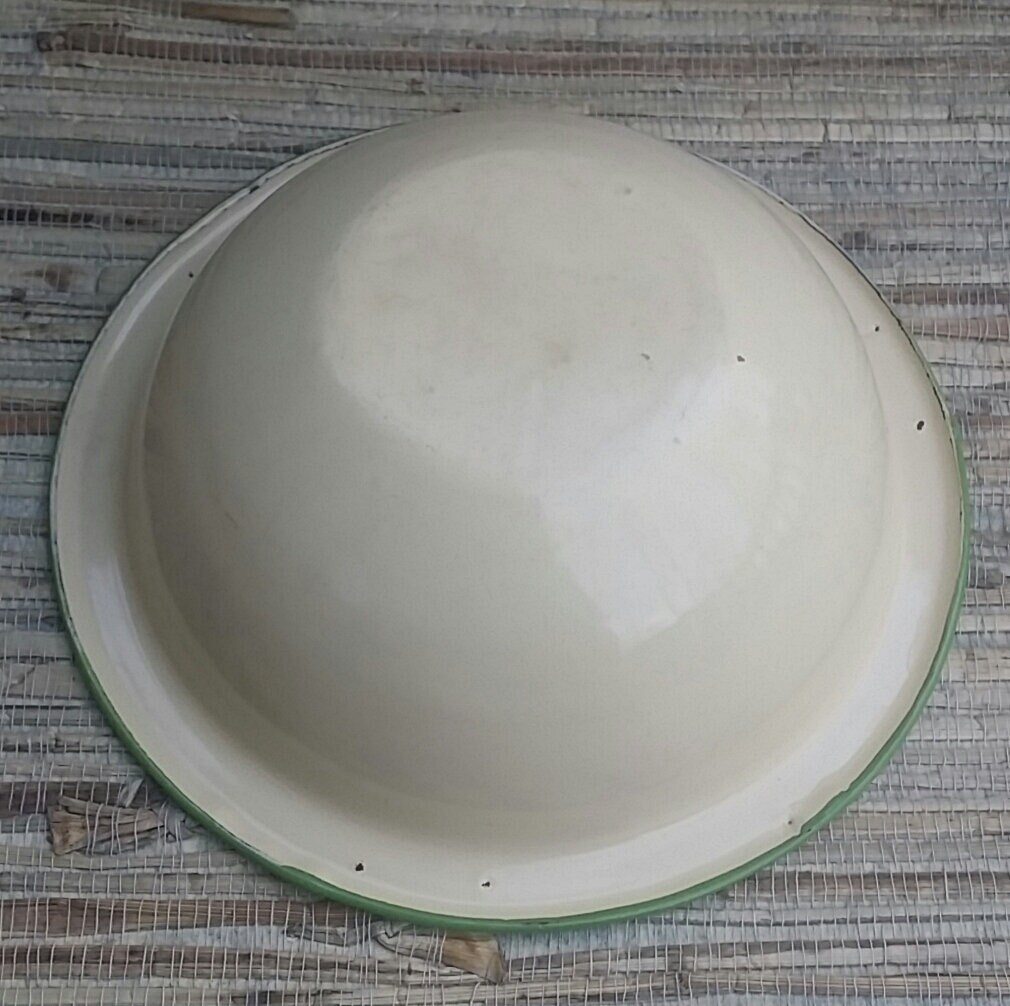 Vintage Cream and Green Enamelware Cereal Bowl 6 3/4 x 2 1/4 Farmhouse