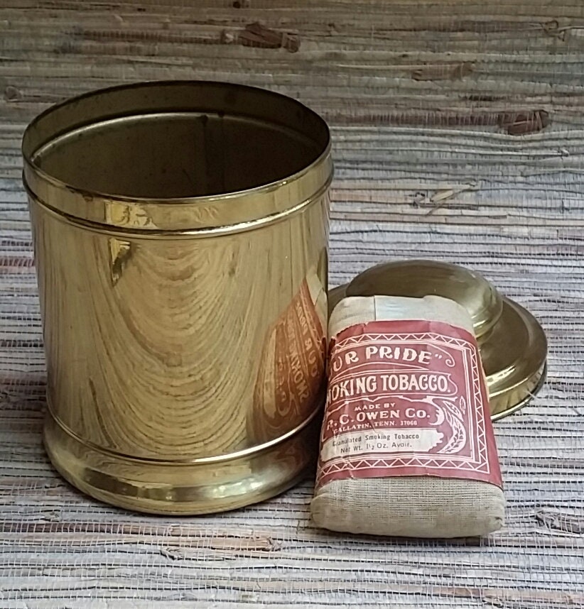 Brass Tobacco Canister Humidor Bag Full of Tobacco