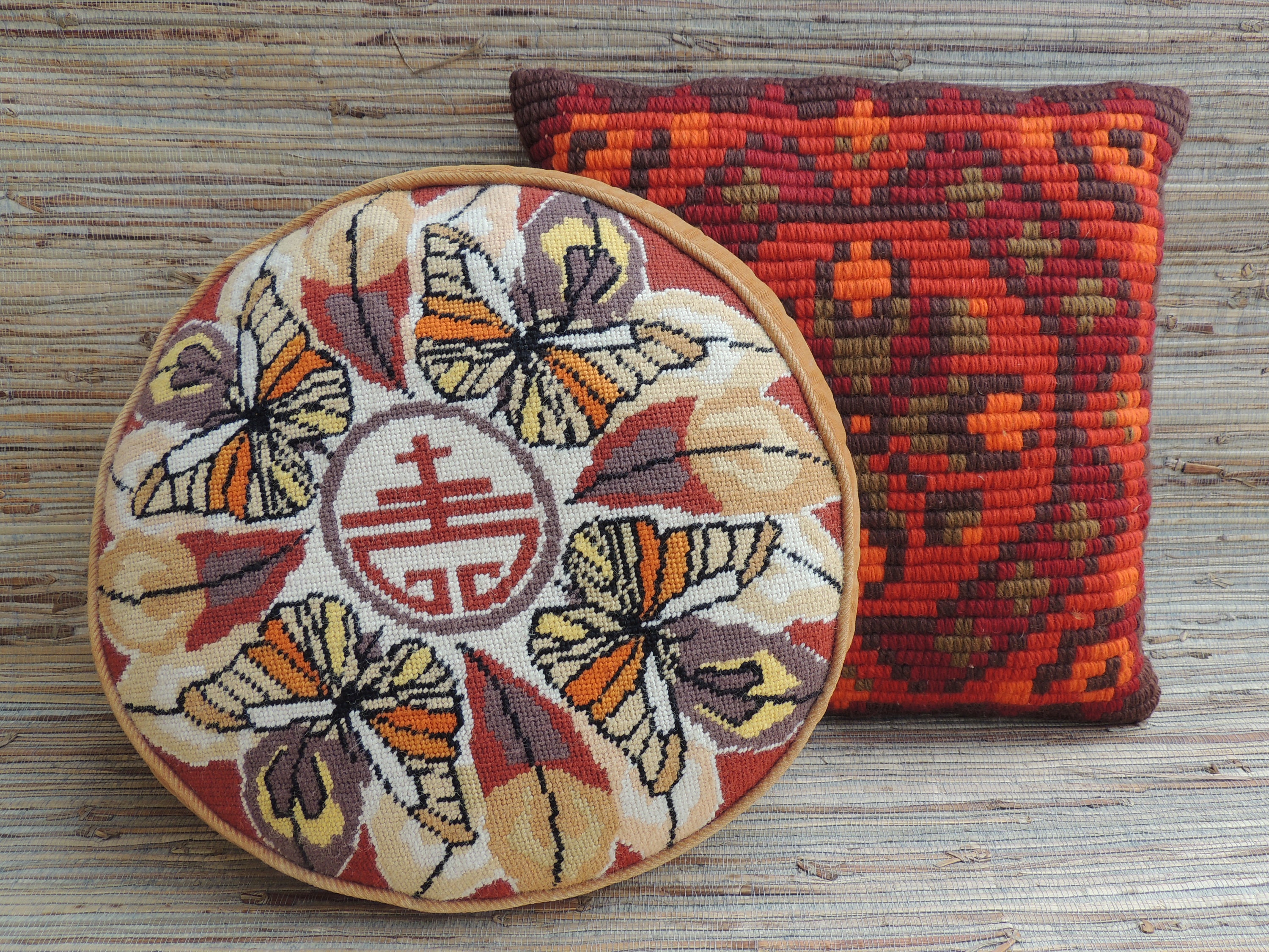 Vintage 1970s Needlepoint Kaleidoscope Pillow Brown Linen Backing Hand Made