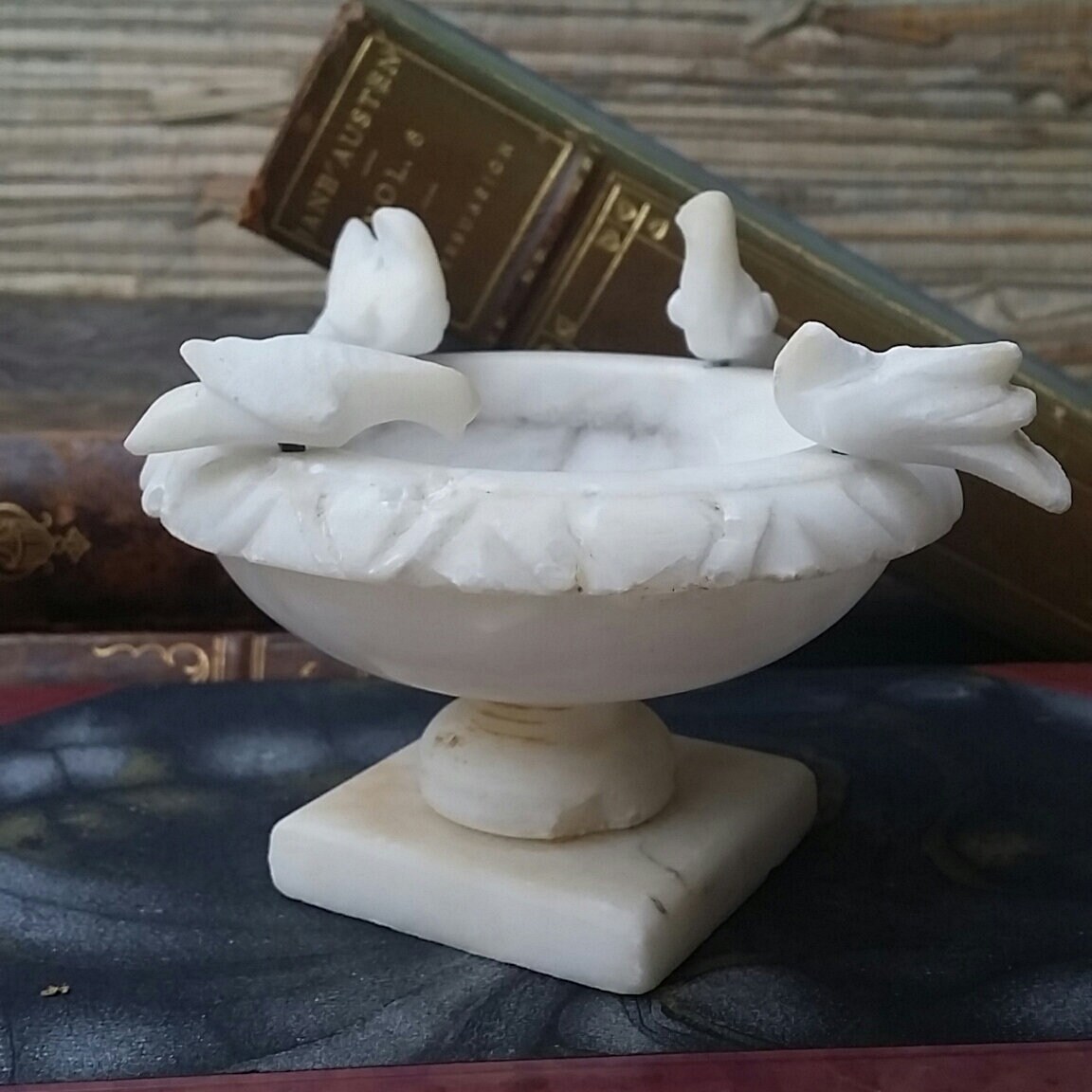 Vintage Alabaster Marble Carved Birdbath With Birds Hand Carving Made