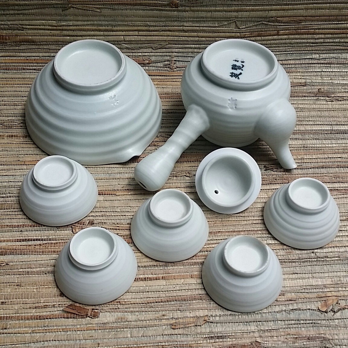 Asian All White Porcelain Tea Set Side Handle Tea Pot, Bowl and 5 Cups