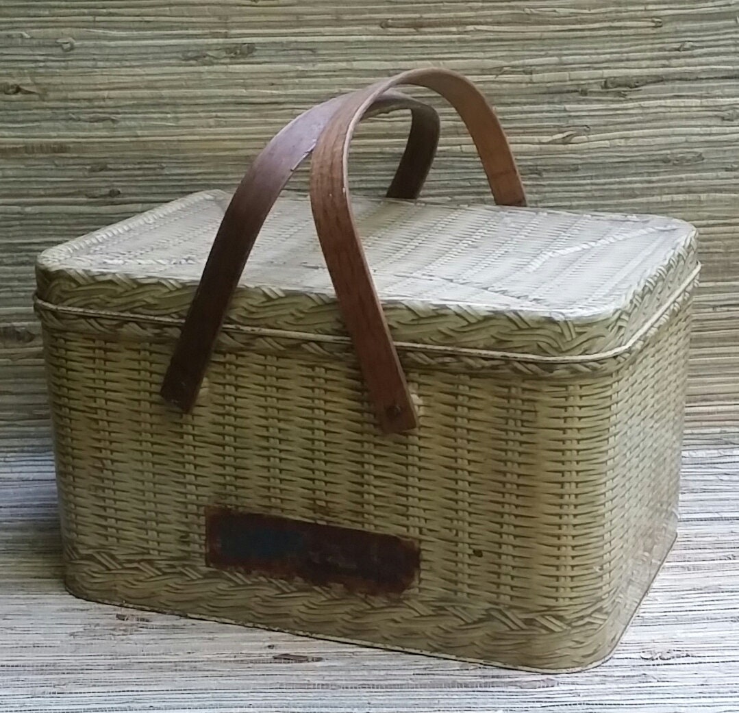 Vintage Decoware Large Picnic Basket Cookie Advertising Tin With Wooden