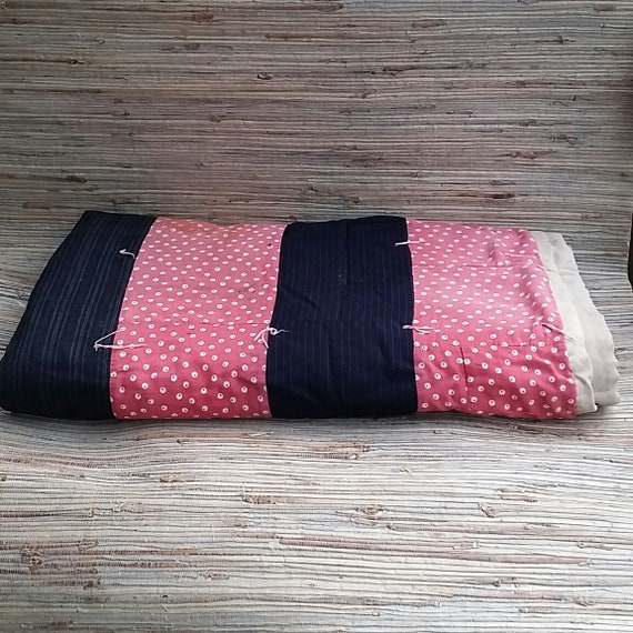 Vintage Tied Quilt Made from Cotton & Wool Scrap Stripes Red, Black and Gray Asymmetric Stripes Very Worn Stains and Damage