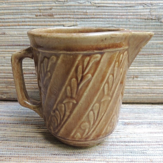 Vintage USA Pottery Brown Leaves & Stripes Pitcher Batter Pitcher Mid Century Ceramics Farmhouse Style