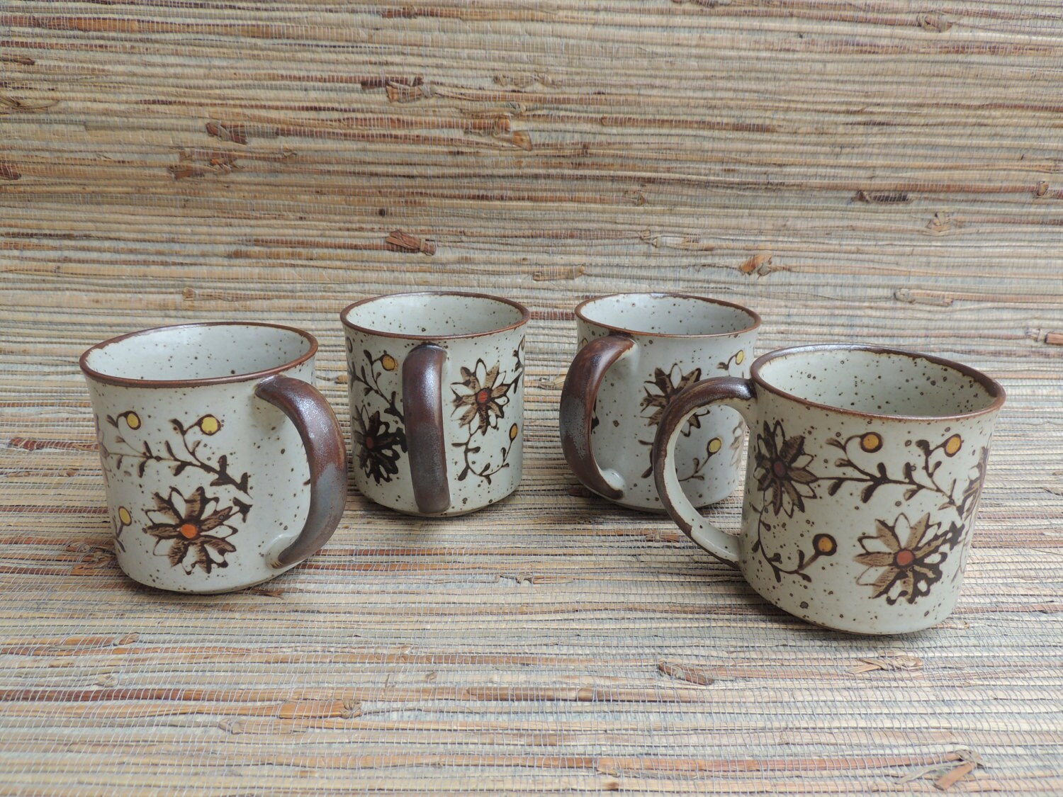 Japanese Ceramic 1970s Coffee Mug Set of 4 Floral Earthtone Cups