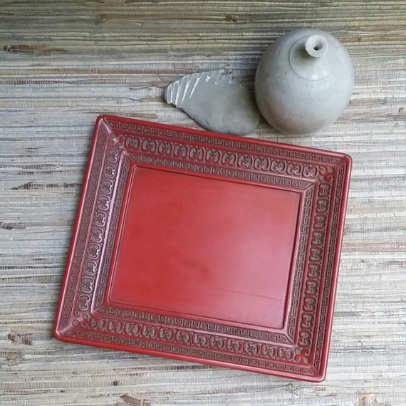 Vintage Cinnabar Lacquer Ware Wooden Carved Tray