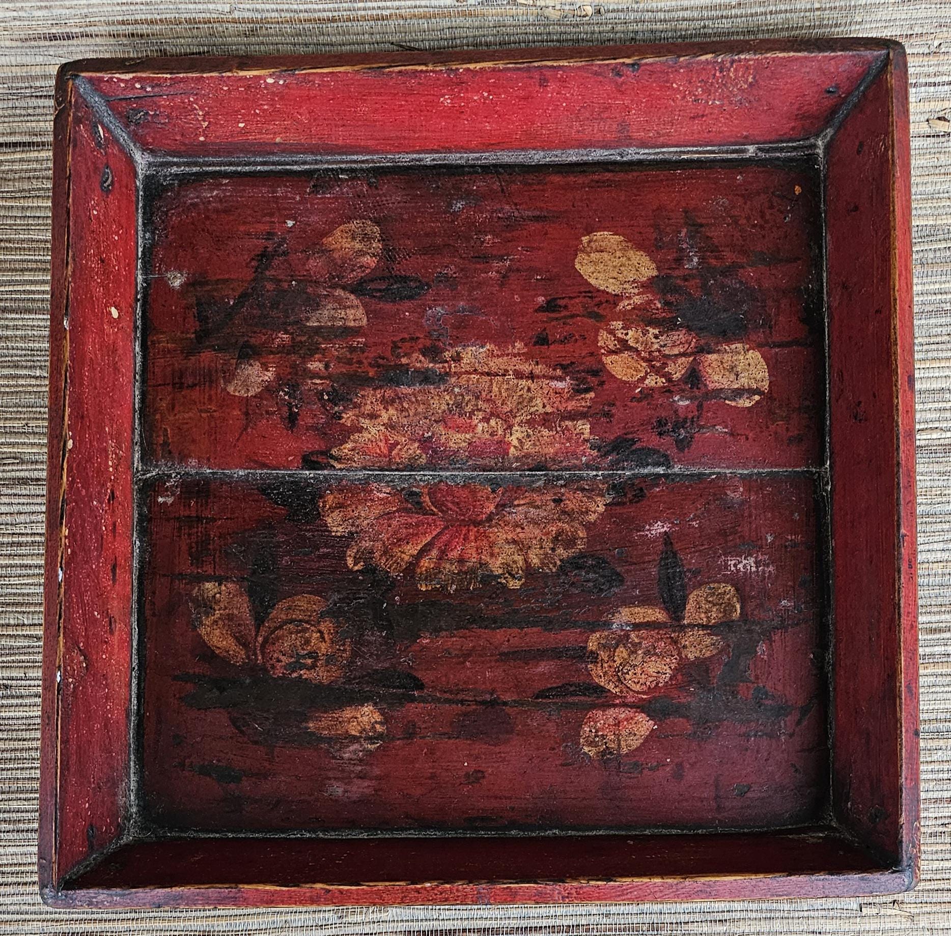 Chinese Red Antique Painted Wood Tray. Chamfered Edge on Bottom