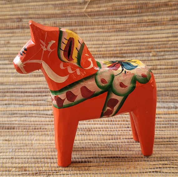 Vintage Swedish Dala Horse Made in Sweden Red/Orange Folk Art Horse Hand Carved Hand Painted Christmas Traditional Scandinavian Design