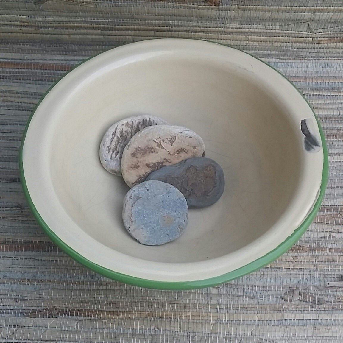 Vintage Cream and Green Enamelware Cereal Bowl 6 3/4 x 2 1/4 Farmhouse