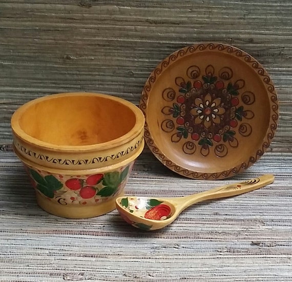 Vintage Wooden Bowl & Spoon Hand Painted Strawberries And Wooden Plate With Wood Burned and Painted Floral Pattern Folk Art