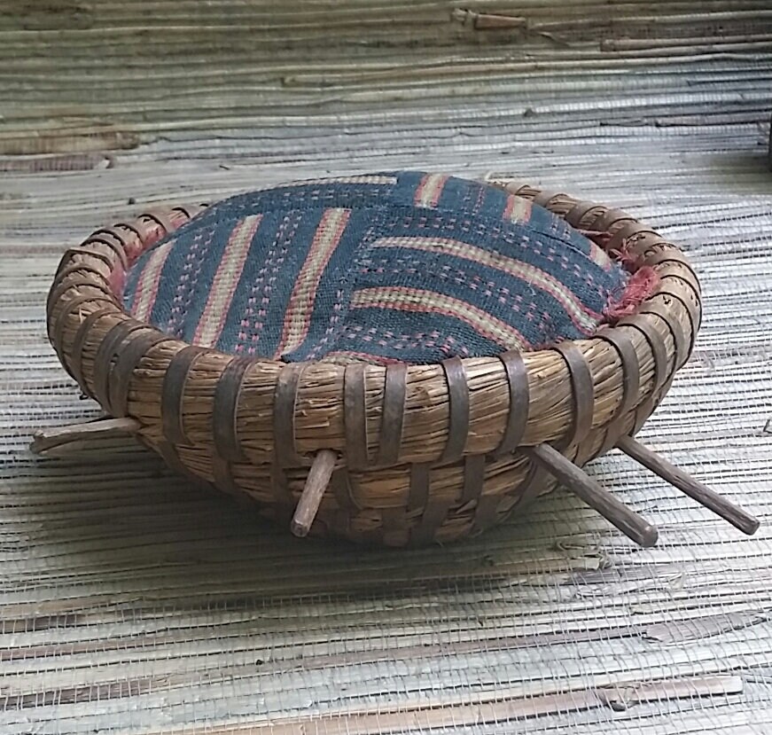 On reserve for Tammy Antique Pin Cushion Basket Coiled Straw Vintage Fabric
