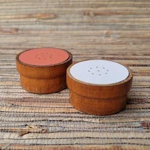 Mid Century Malmo Salt & Pepper Shakers Made In Sweden 1960s-1970s Teak Wood Orange and White Original Stoppers