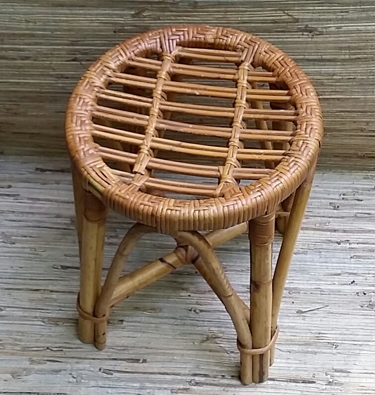 Vintage Bamboo & Rattan Stool Plant Stand
