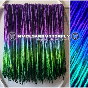 Micro-Thin Sparkly Wool Dreads &quot;Spring Violets&quot; 5/10/15DE 16&quot;-20&quot; Green Lime Purple Violet - UV Neon Hair Extensions