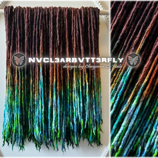 Micro-Thin Sparkly Wool Dreads "Autumn Forest" 10/20/30/40/45DE 16"-20" Green Lime Auburn Brown Blue Aqua - Hair Extensions