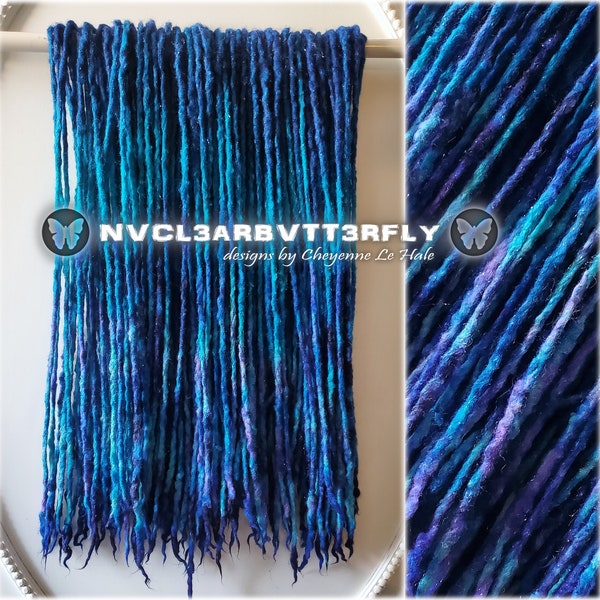 Micro-Thin Sparkly Wool Dreads "Mermaid Galaxy" 5/10/15DE 17"-20" Silver  Turquoise Violet Blue Aqua Teal Festival Hair Extensions