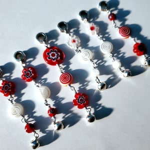 Dread Beads - Red White - Millefiori Flowers with Silver Bells - for Dreadlocks & Braided Hair - Festival Season - Boho Dreads