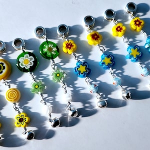 Dread Beads - Yellow Green Blue - Millefiori Flowers with Silver Bells - for Dreadlocks & Braided Hair - Festival Season - Boho Dreads