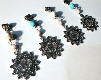 Dread Beads - Flower of Life - Mandala - for Dreadlocks & Braided Hair - Sold Individually - Festival Season - Silver White Turquoise Dreads